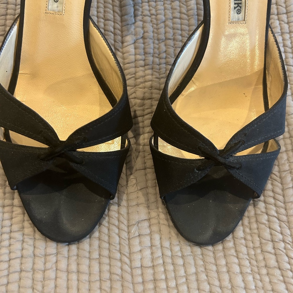 Manolo Blahnik Black Satin Slides - Size 38, 3” Heel